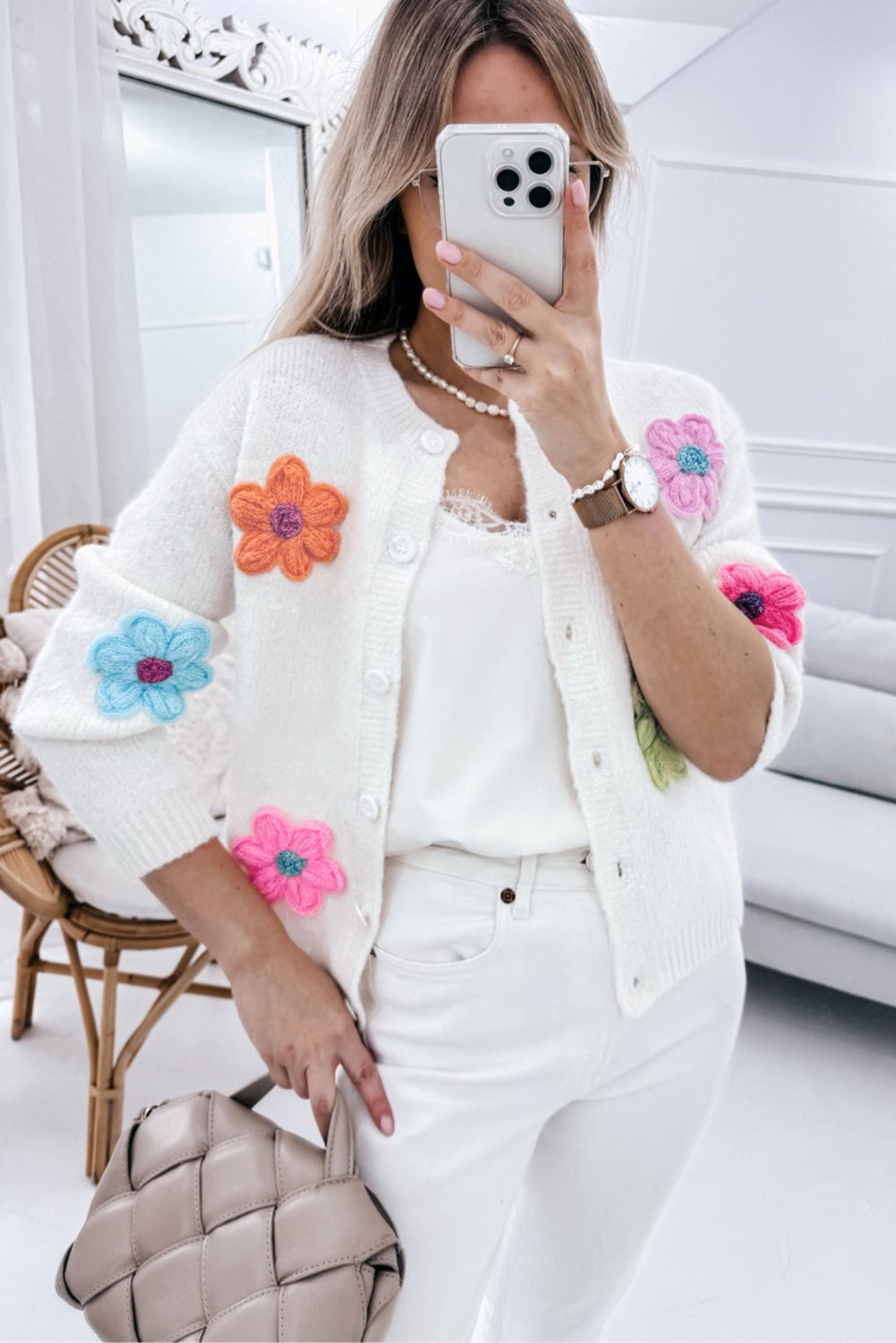 White Cute Knitted Floral Pattern Button Up Cardigan