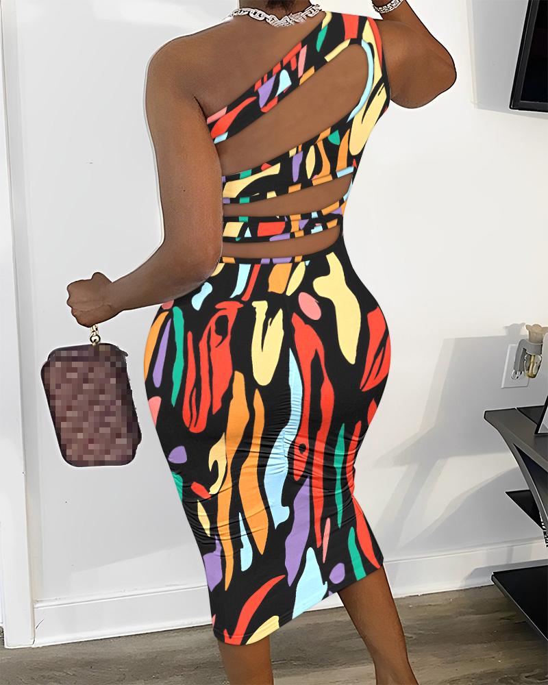 Multicolor Abstract Print Cutout One Shoulder Bodycon Dress