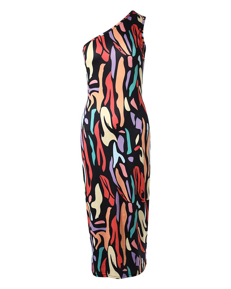 Multicolor Abstract Print Cutout One Shoulder Bodycon Dress