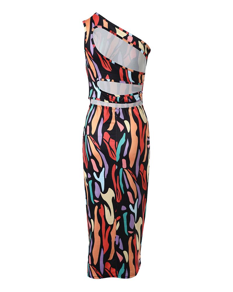 Multicolor Abstract Print Cutout One Shoulder Bodycon Dress