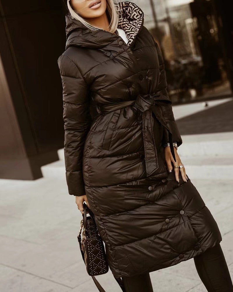 Long Sleeve Buttoned Puffer Coat With Belt