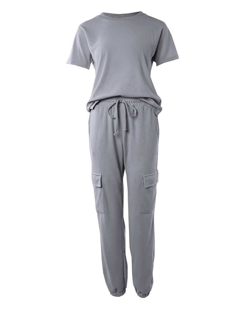 Round Neck Top & Drawstring Cuffed Pants Set