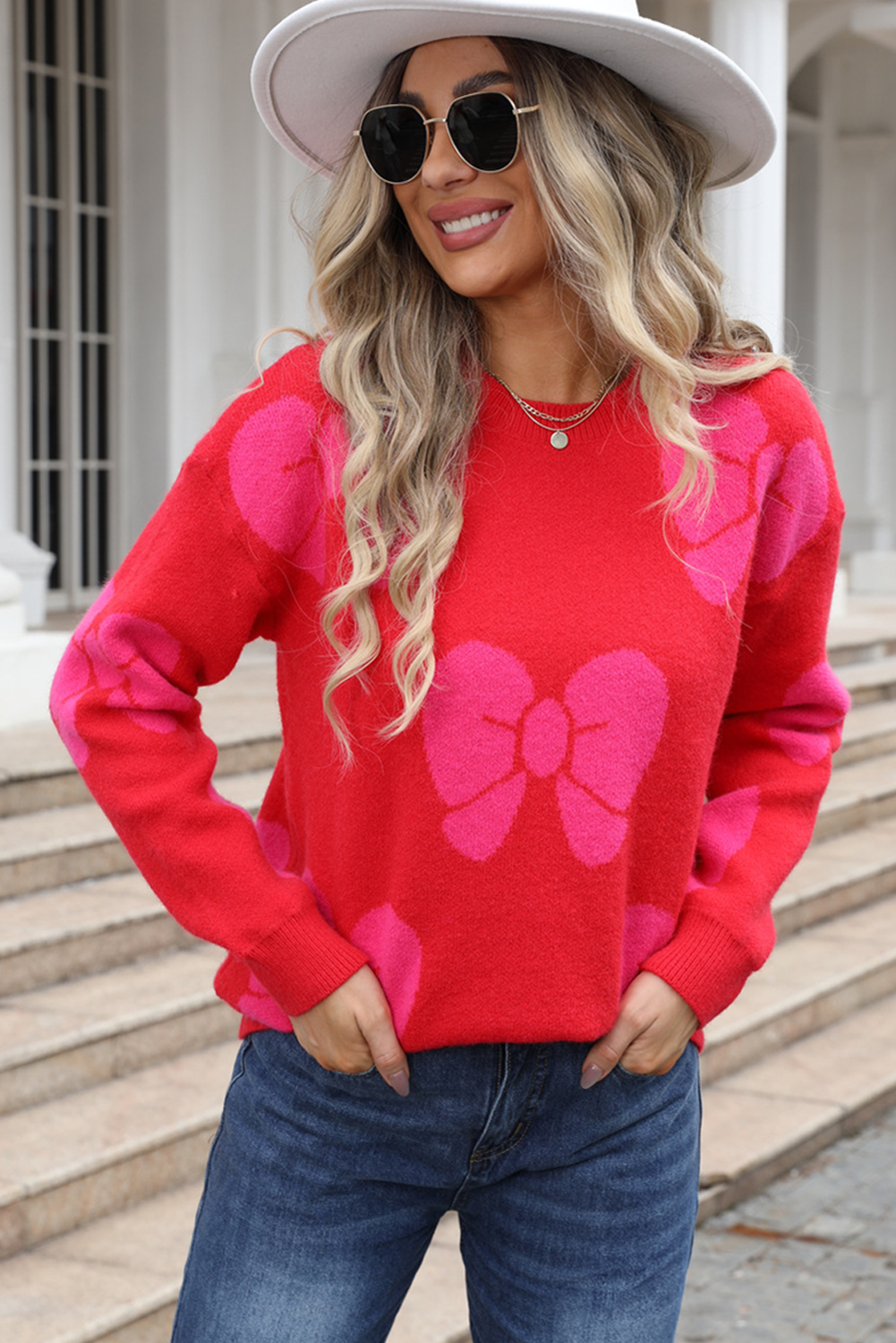 Fiery Red Valentine Bowknot Knitted Round Neck Fashion Sweater