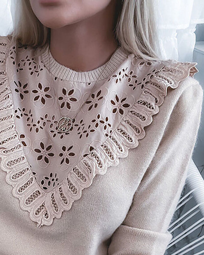 Eyelet Embroidery Long Sleeve Casual Knit Sweater