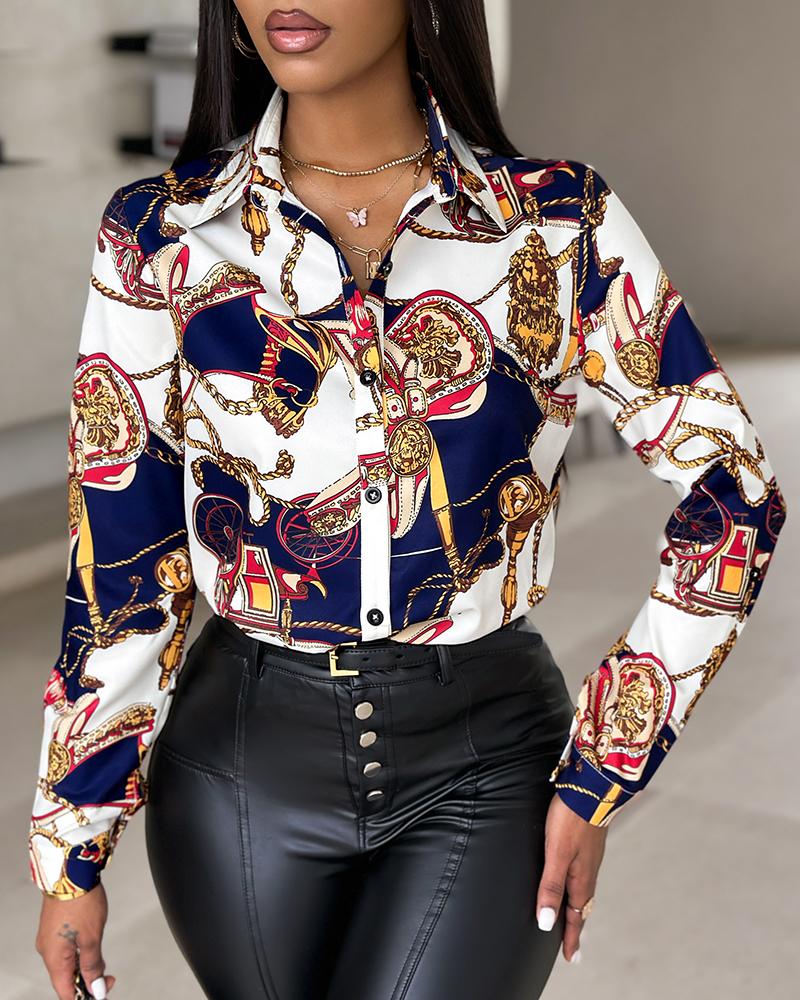 Scarf Print Buttoned Long Sleeve Casual Top