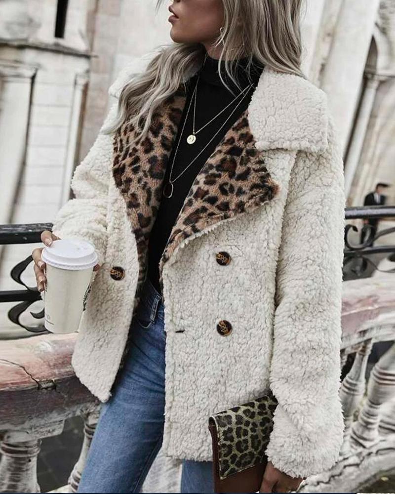 Contrast Leopard Double Breasted Teddy Coat