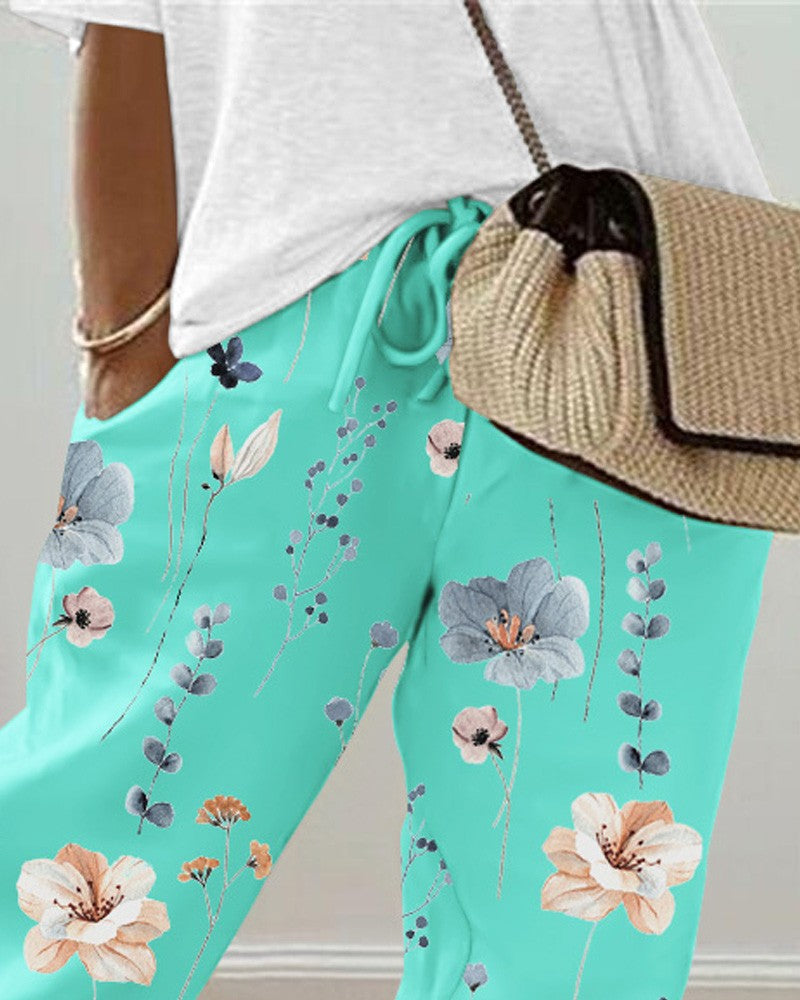 Floral Print Drawstring Cuffed Pants