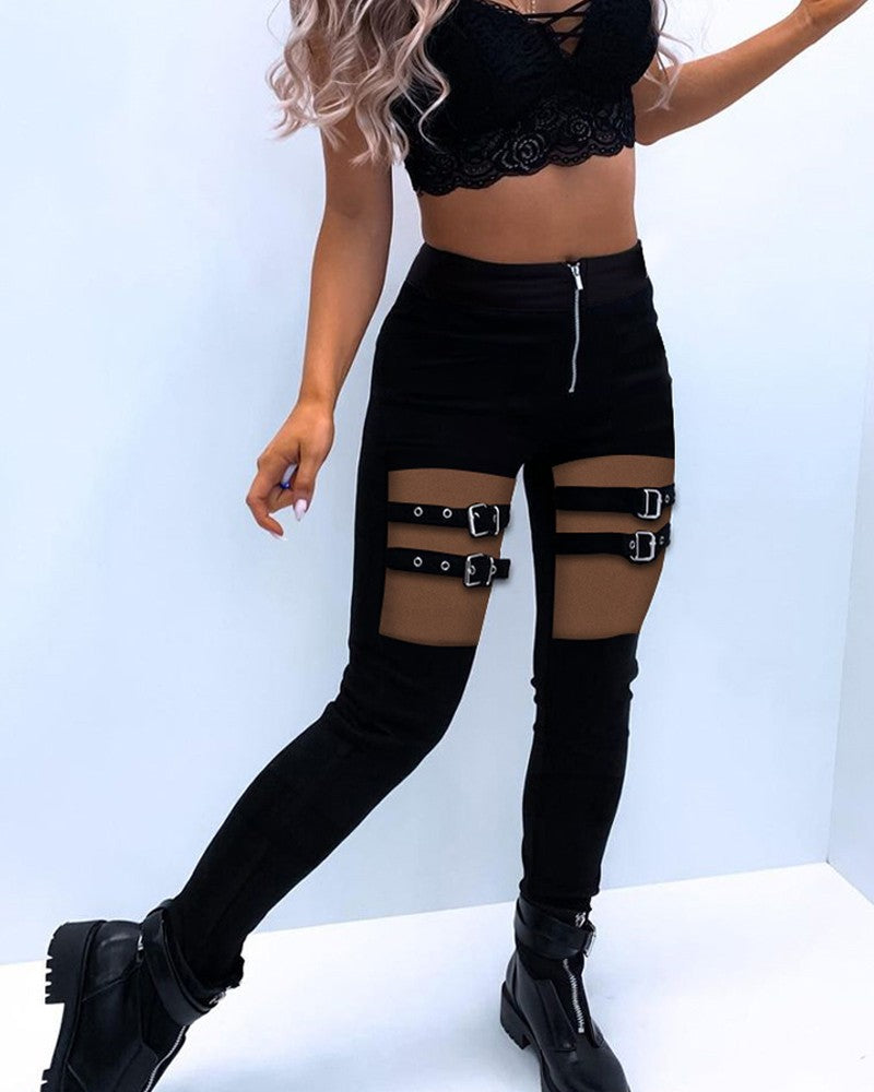 Eyelet Buckled Sheer Mesh Patchwork Zipper Design Pants