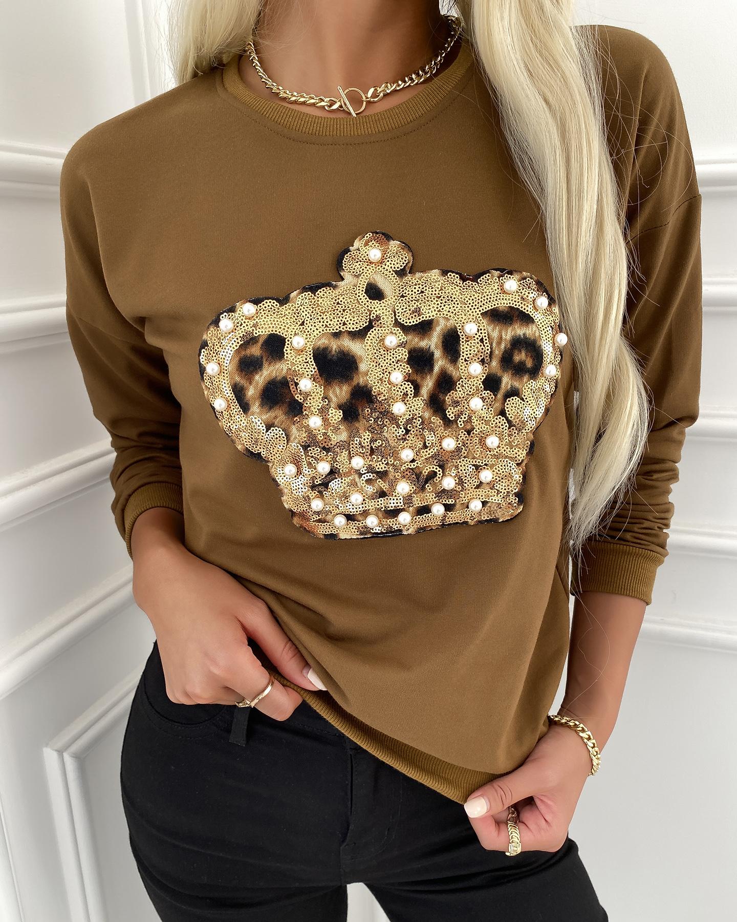 Leopard Print Beaded Sequins Long Sleeve Top