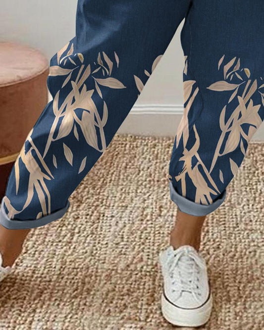 Plants Print Drawstring Pocket Design Cuffed Pants