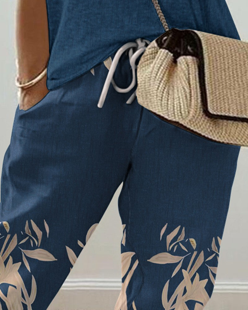 Plants Print Drawstring Pocket Design Cuffed Pants