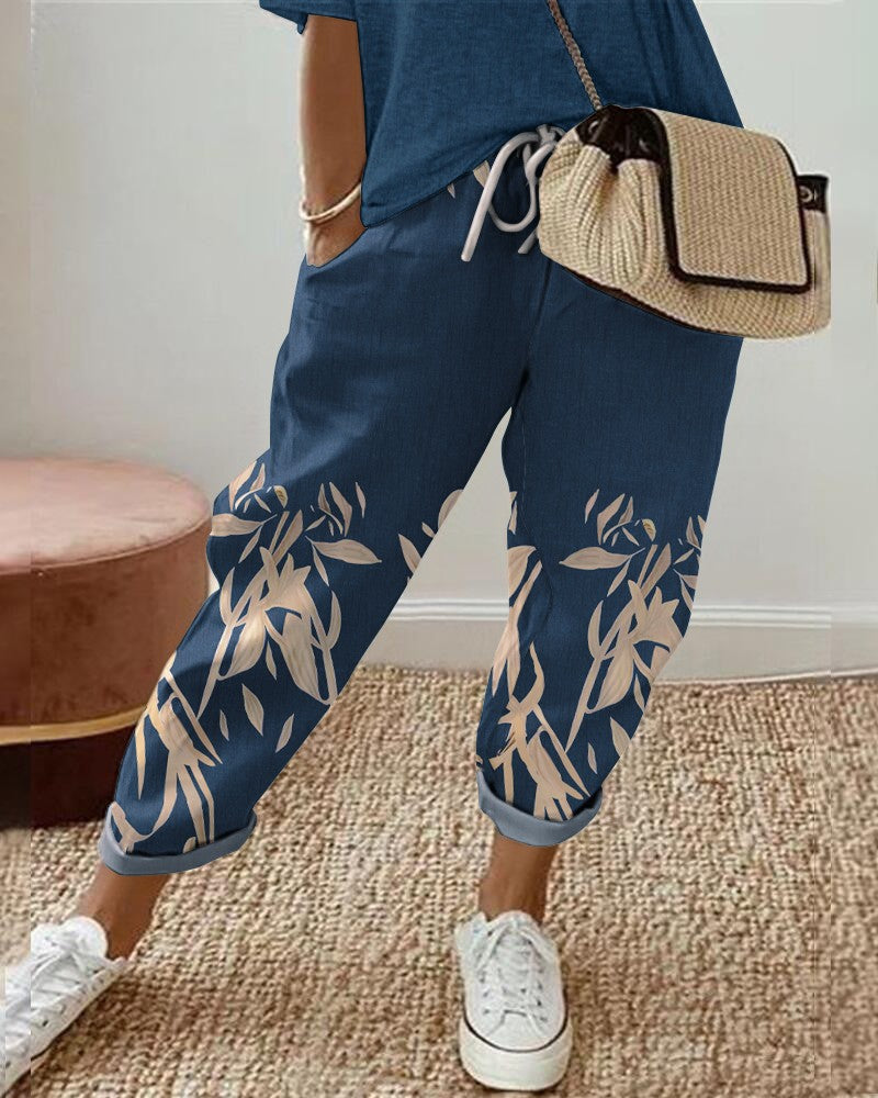 Plants Print Drawstring Pocket Design Cuffed Pants