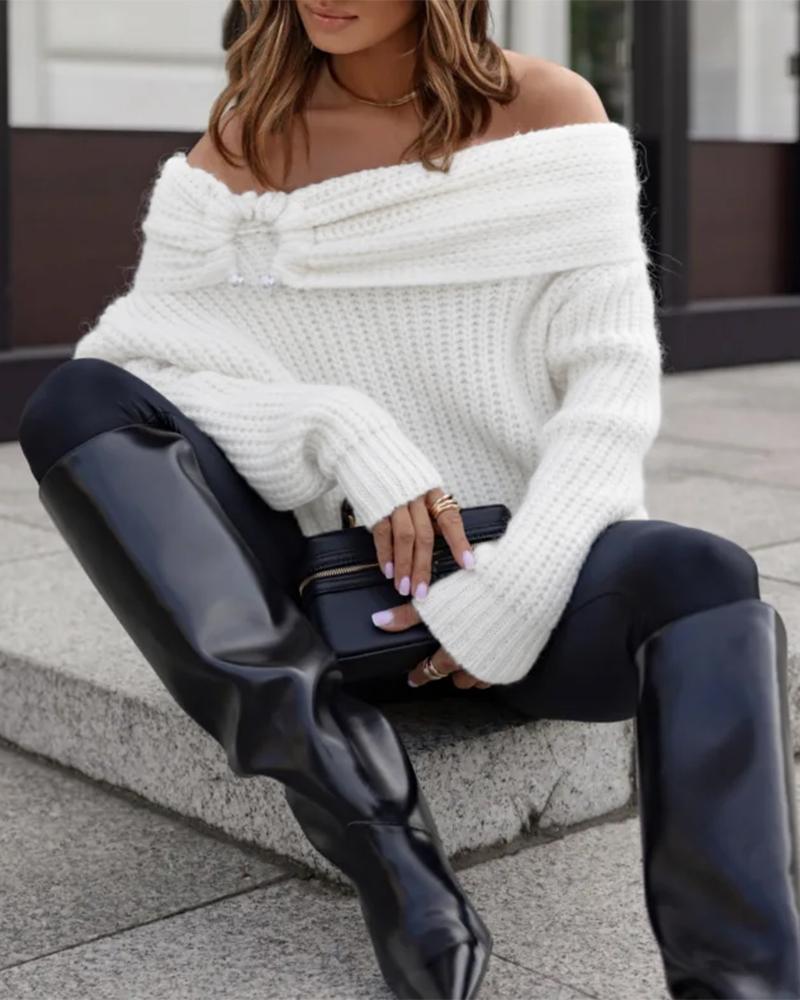 Off Shoulder Ruched Oversized Knit Sweater