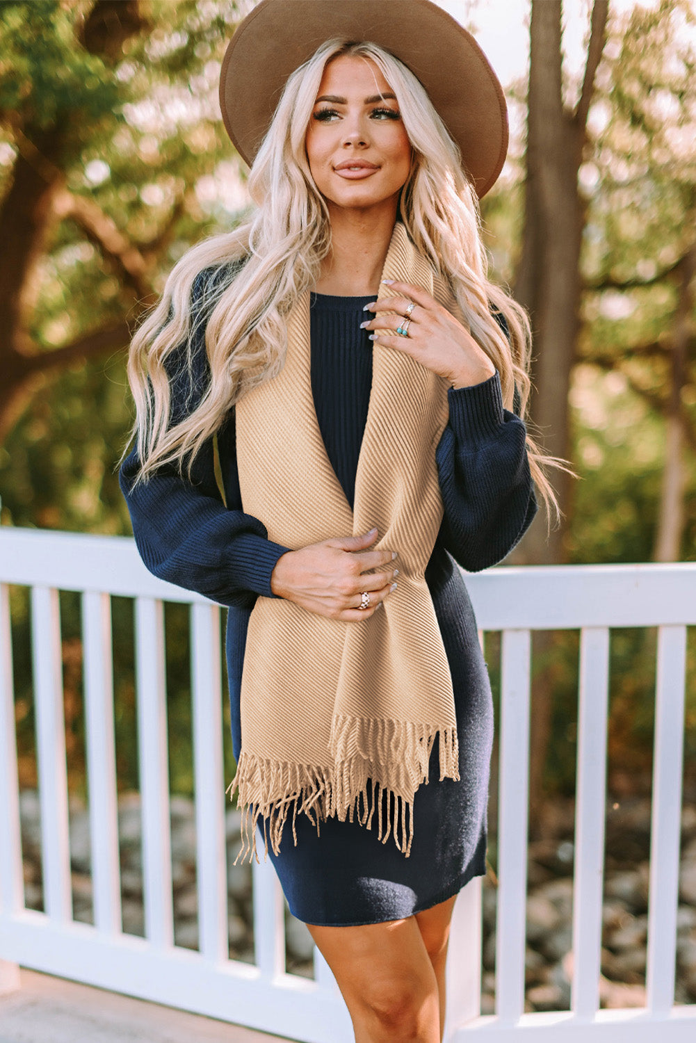 Khaki Bohemian Fringe Trim Textured Scarf