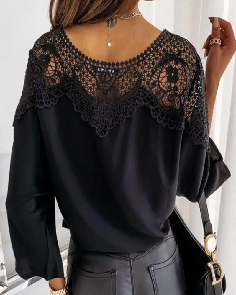 Contrast Lace Tied Detail Bell Sleeve Top