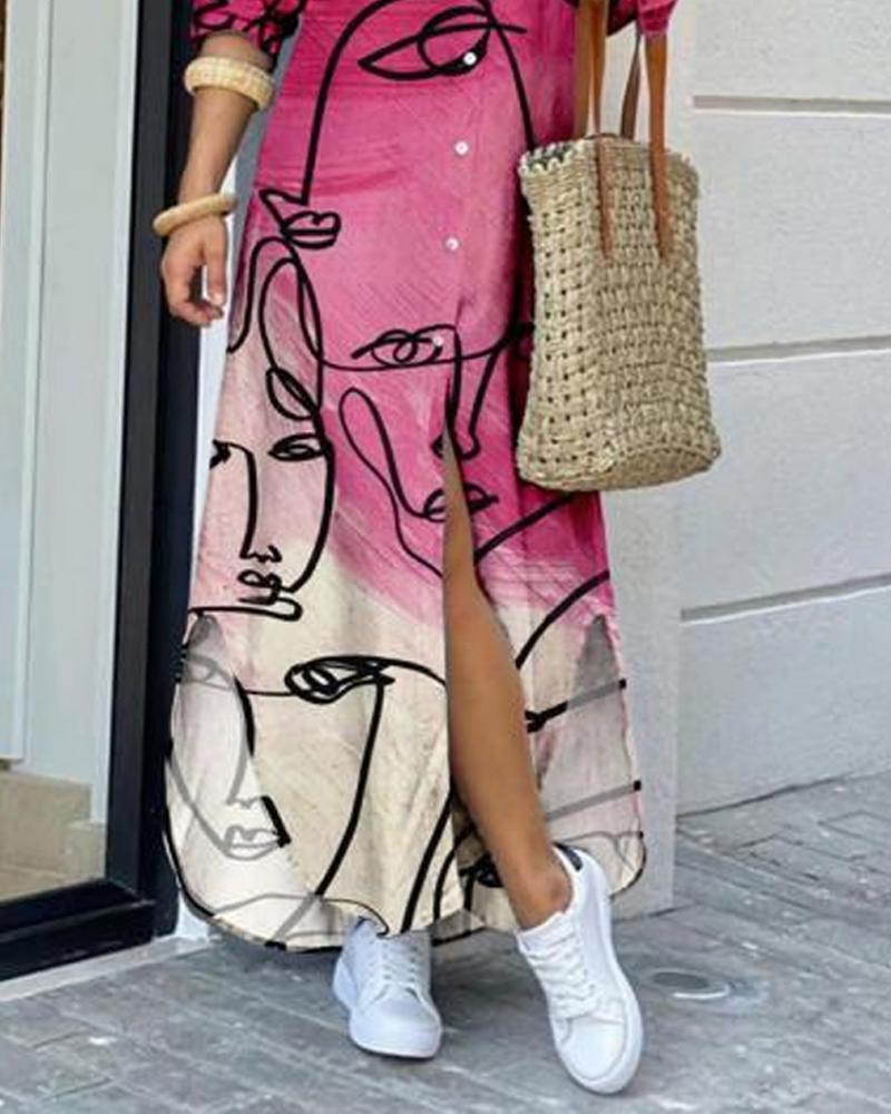 Abstract Figure Print Curved Hem Shirt Dress