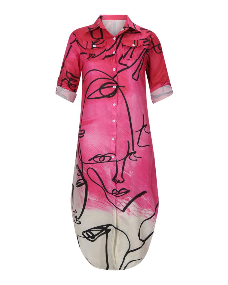 Abstract Figure Print Curved Hem Shirt Dress