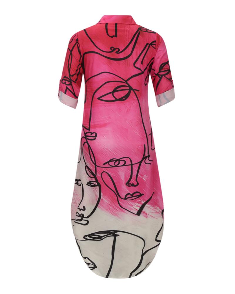 Abstract Figure Print Curved Hem Shirt Dress