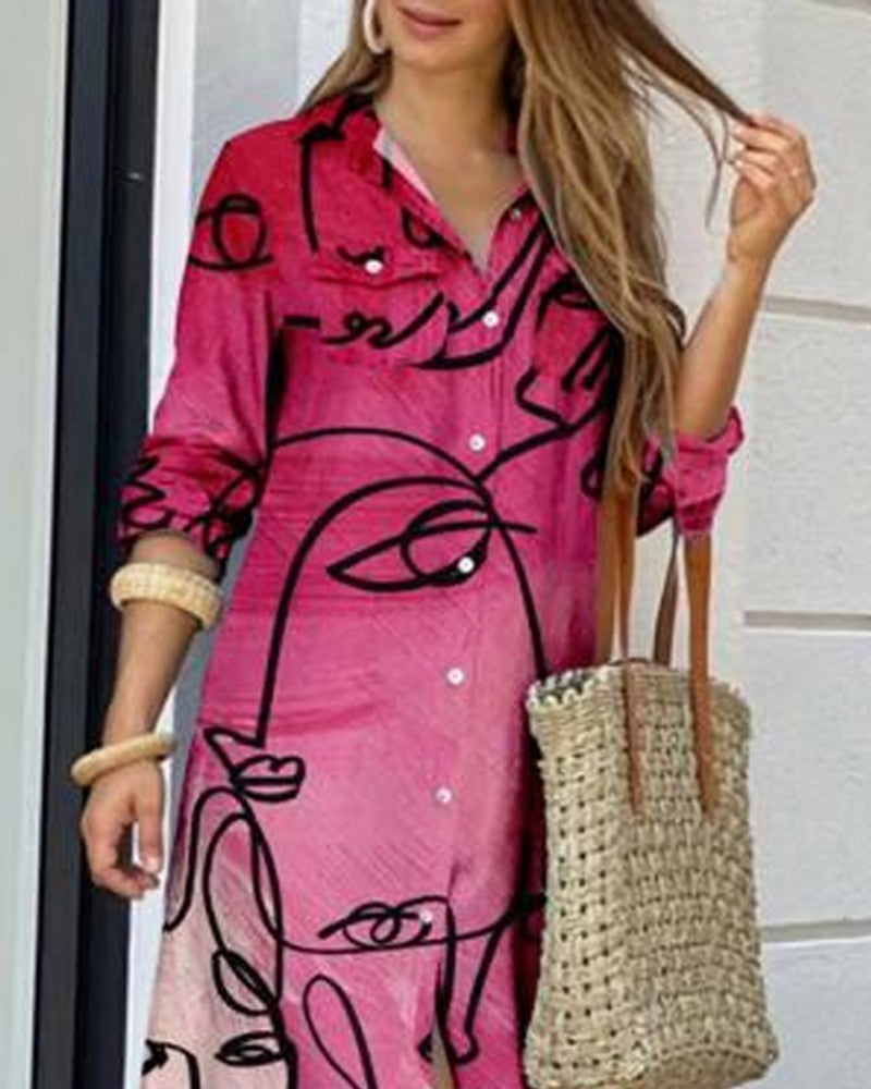 Abstract Figure Print Curved Hem Shirt Dress