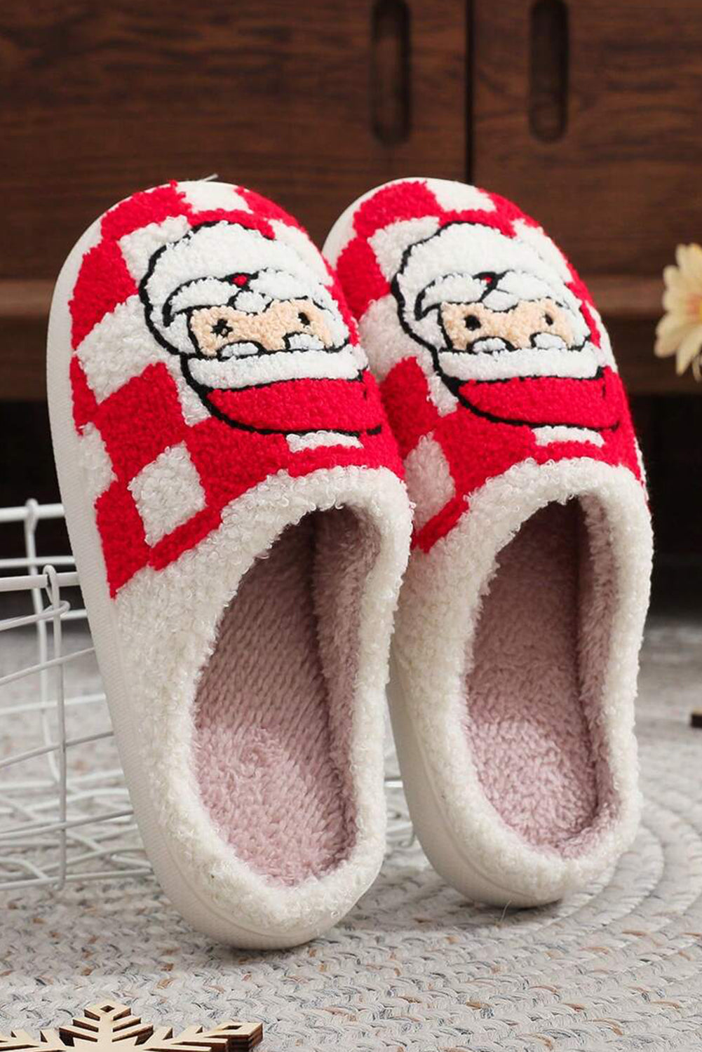 Fiery Red Checkered Santa Claus Graphic Plush Home Slippers