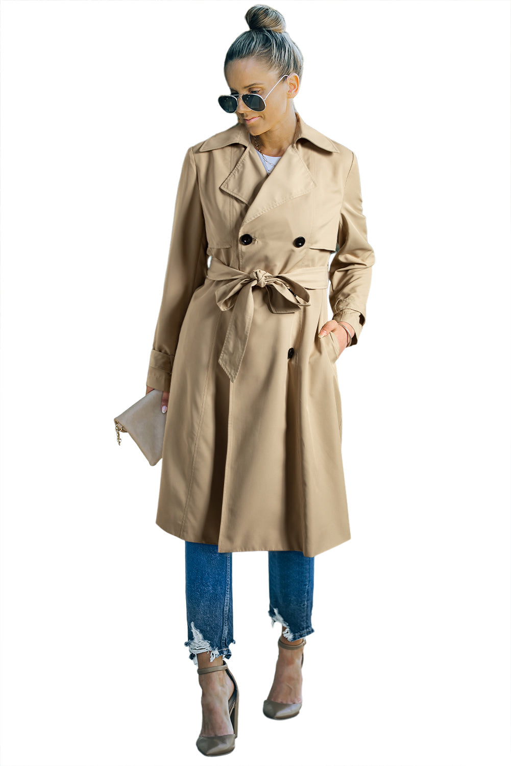 Pale Khaki Solid Color Lapel Collar Waist Tie Wind Coat