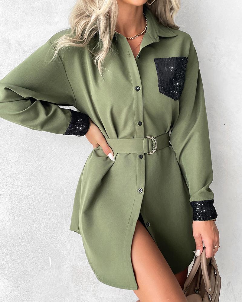 Sequins Button Design Long Sleeve Shirt Dress