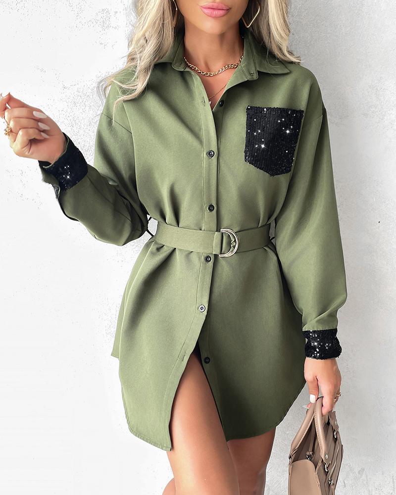 Sequins Button Design Long Sleeve Shirt Dress