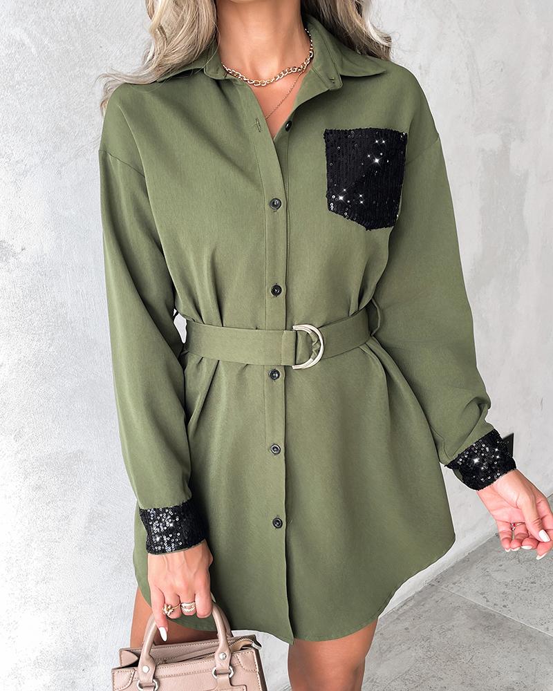 Sequins Button Design Long Sleeve Shirt Dress