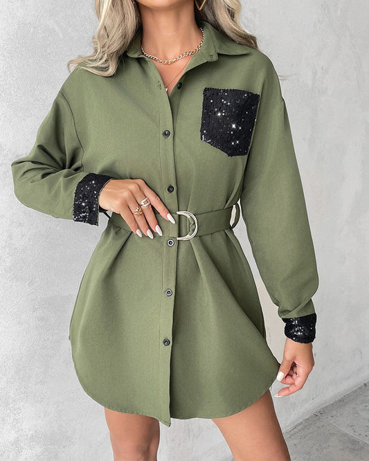 Sequins Button Design Long Sleeve Shirt Dress