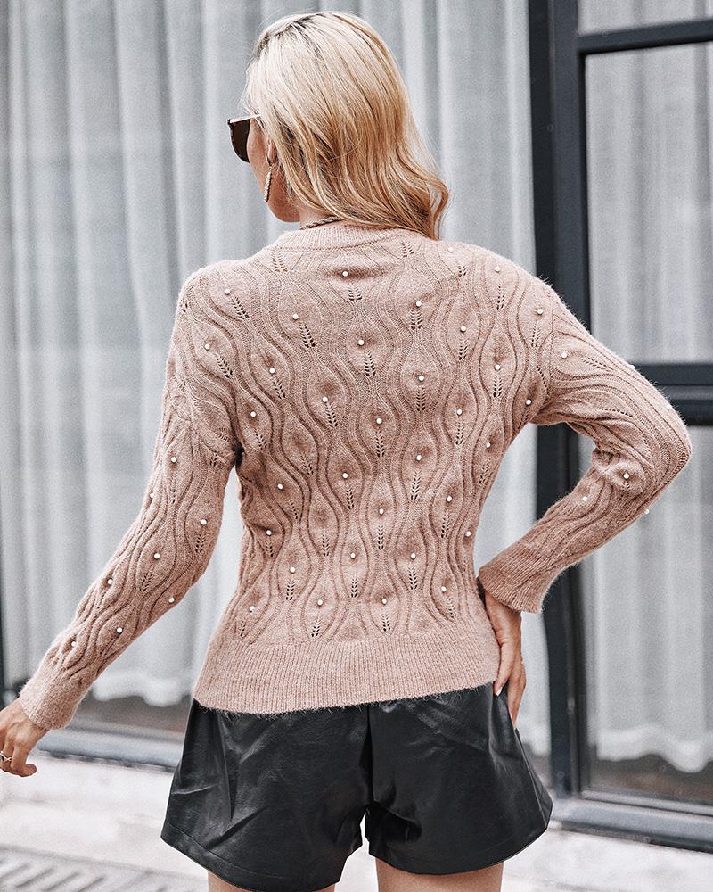 Long Sleeve Beaded Hollow out Knit Casual Sweater