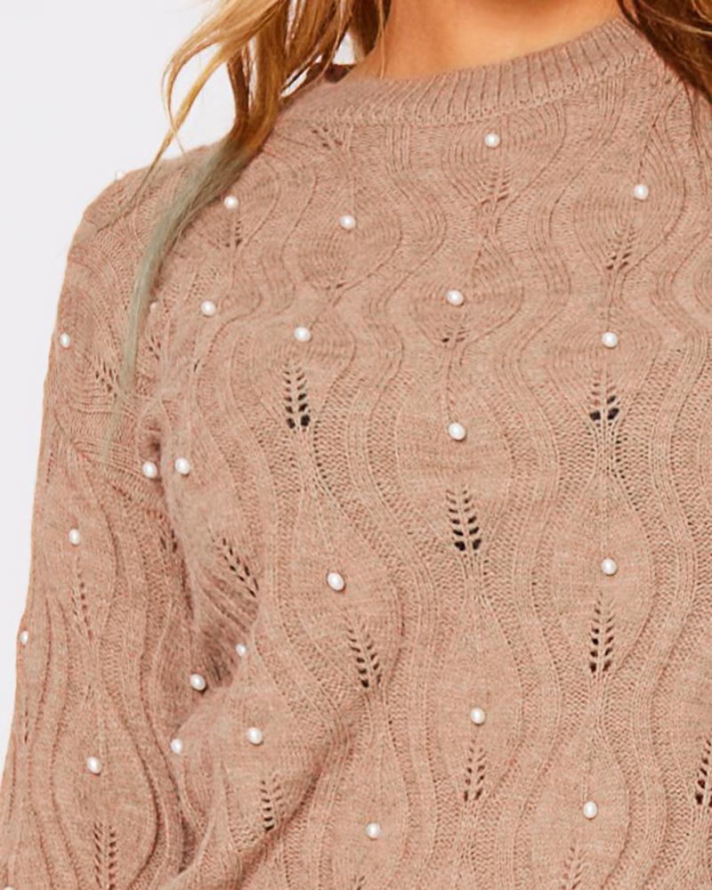 Long Sleeve Beaded Hollow out Knit Casual Sweater