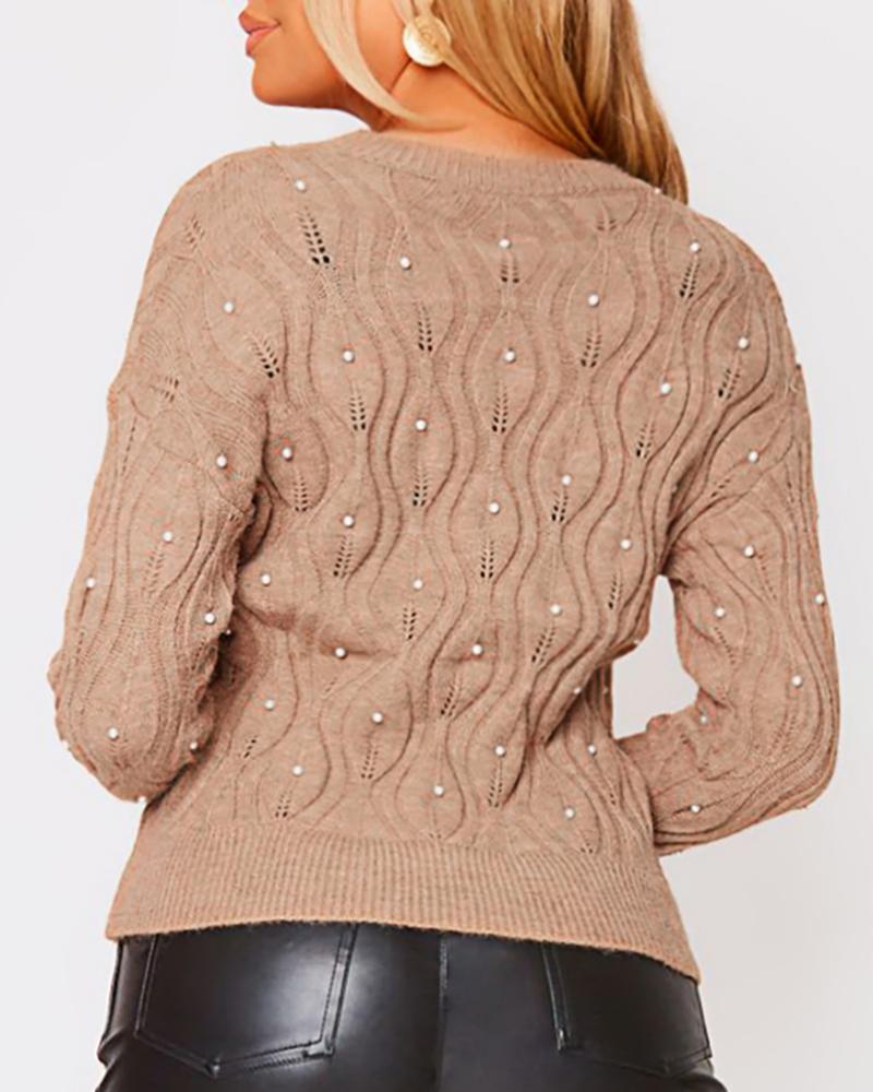 Long Sleeve Beaded Hollow out Knit Casual Sweater