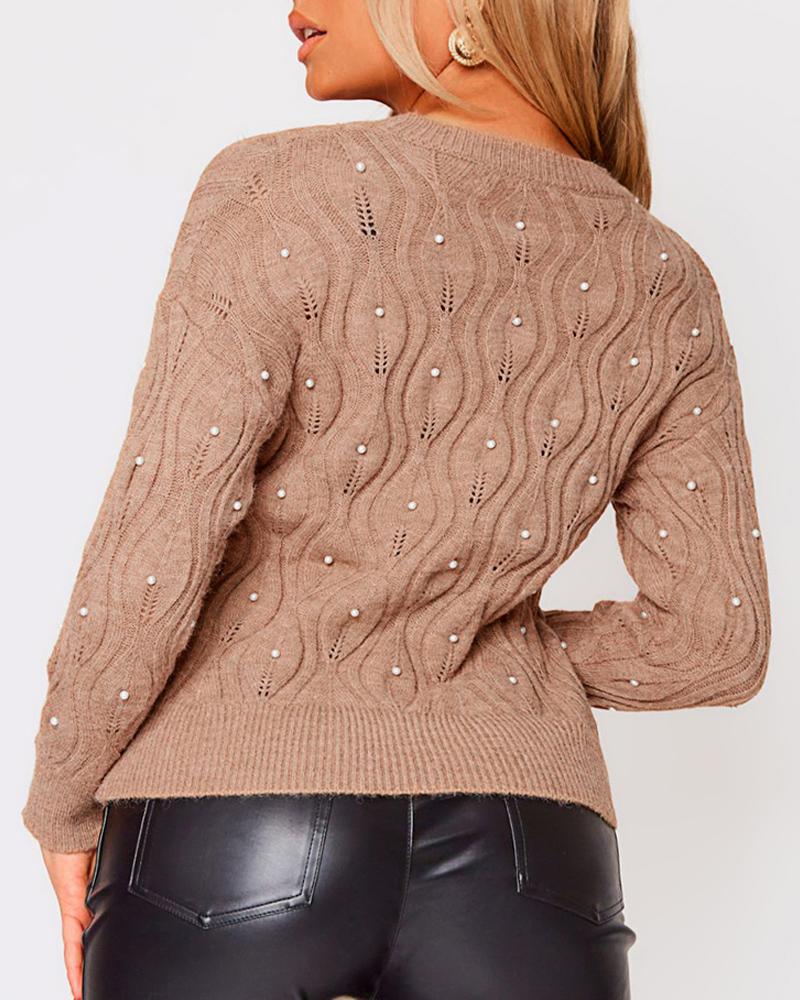 Long Sleeve Beaded Hollow out Knit Casual Sweater