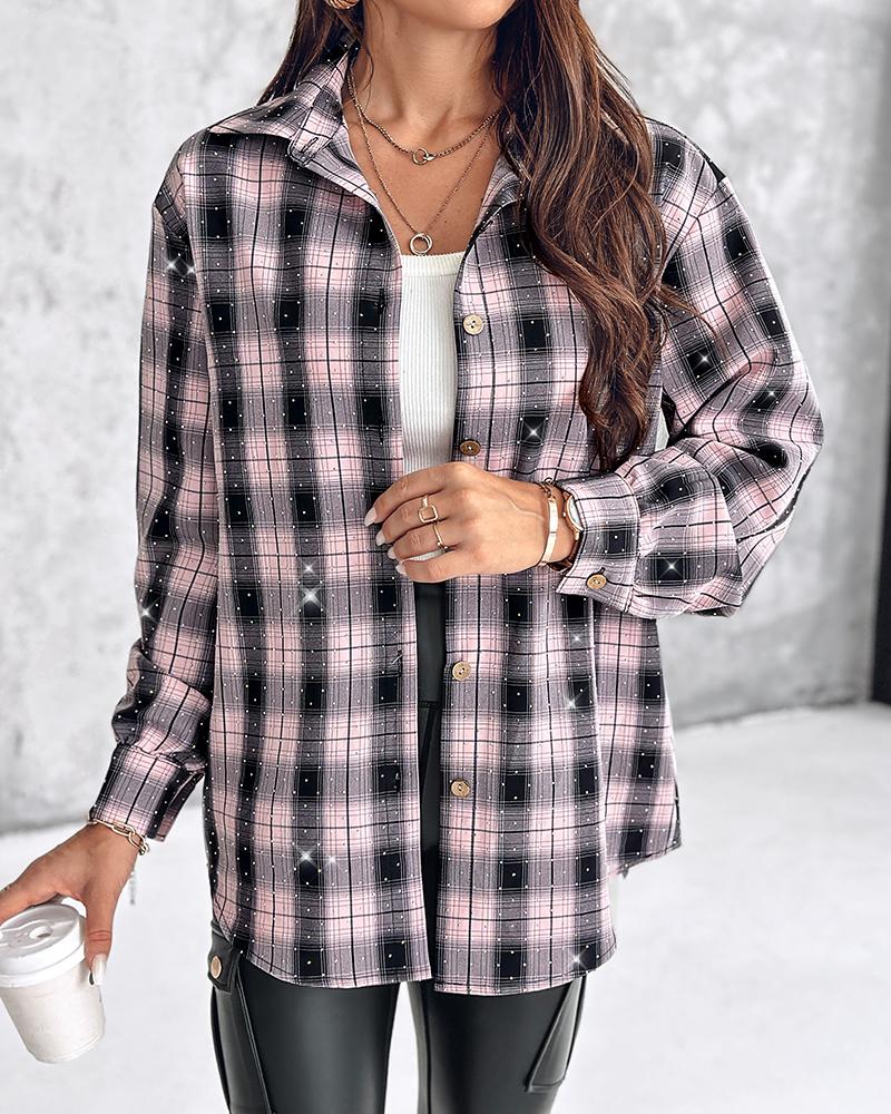 Plaid Print Rhinestone Button Down Shirt Top