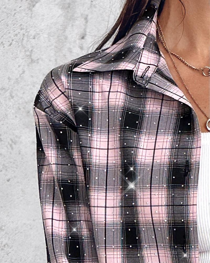 Plaid Print Rhinestone Button Down Shirt Top