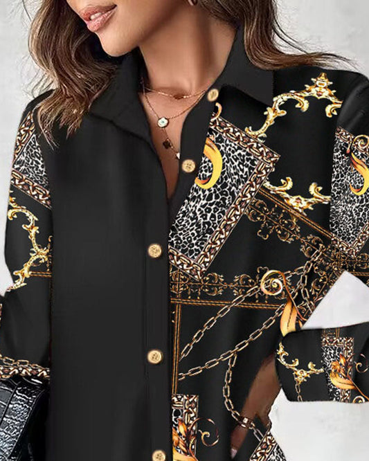 Leopard Chain Print Satin Shirt Dress