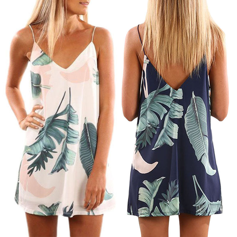 Stylish Plant Print Double V Mini Slip Dress