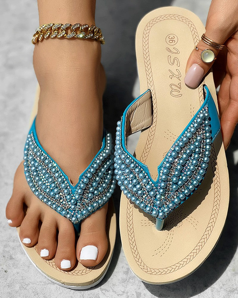 Rhinestone Beaded Leaf Pattern Summer Flip Flops