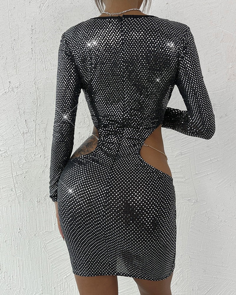 Allover Rhinestone Cutout Chain Decor Bodycon Dress