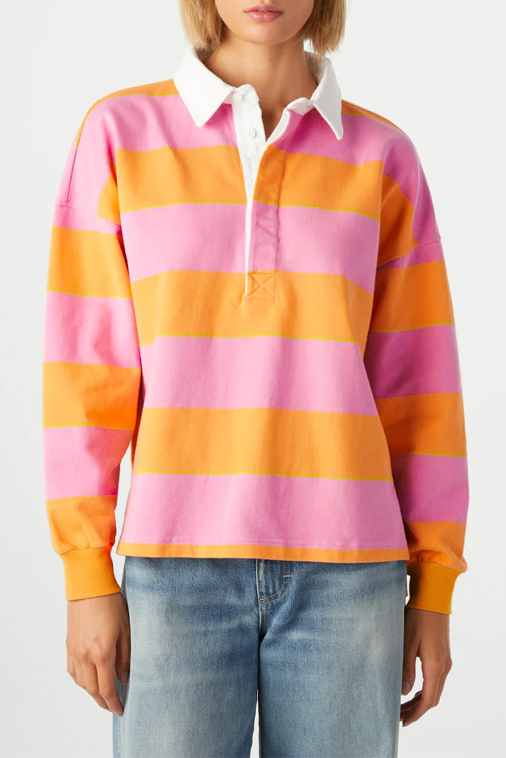 Yellow Stripe Color Block Polo Collar Sweatshirt