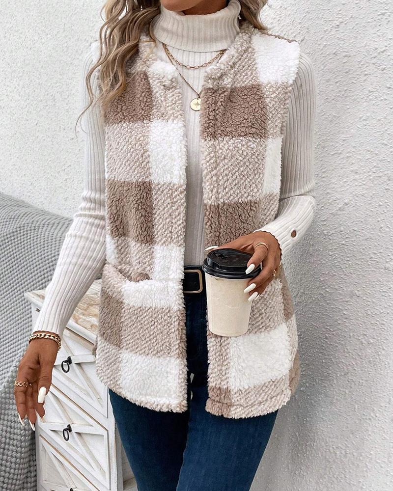 Plaid Pattern Pocket Design Teddy Vest Coat