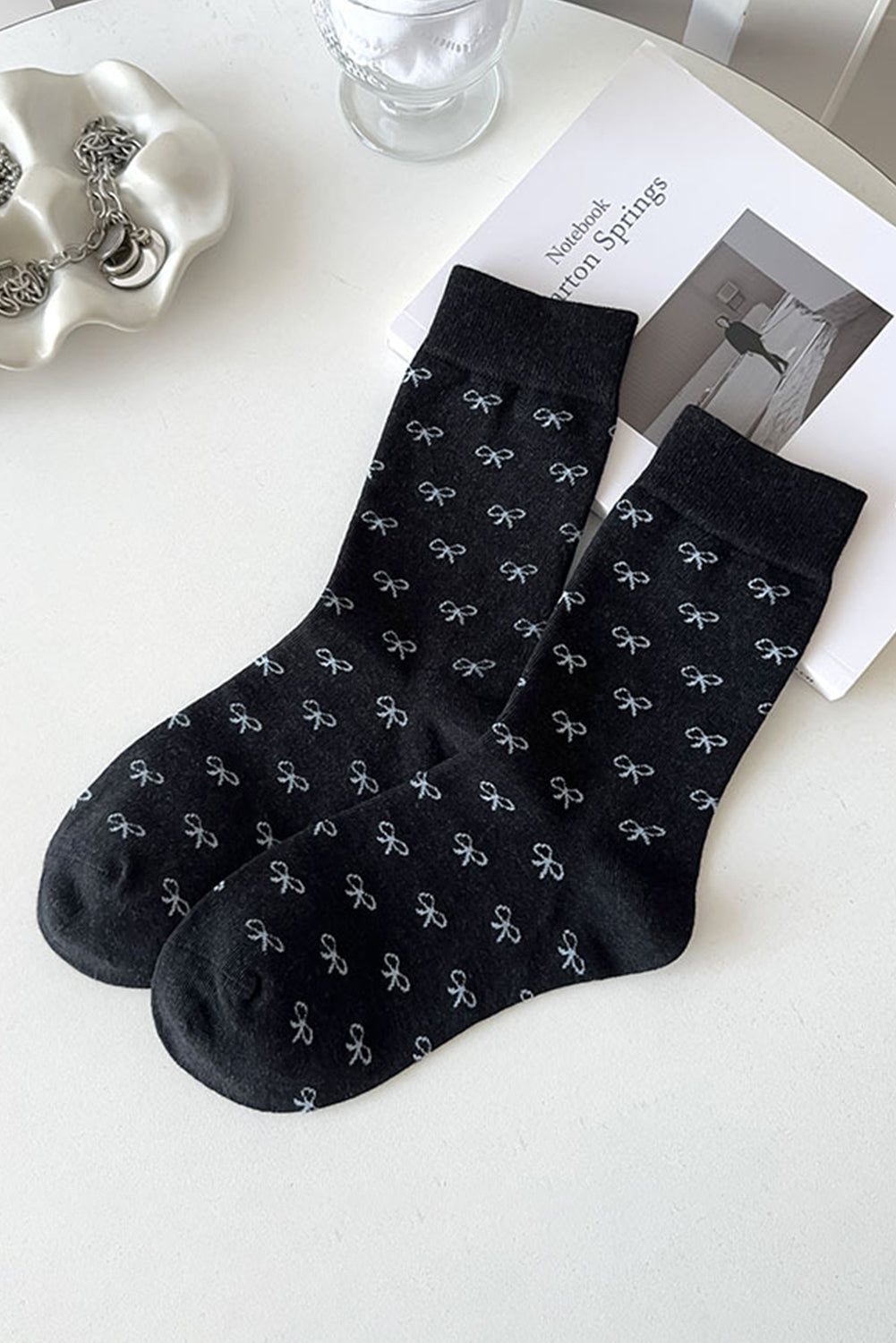 Black Bow Knots Ribbed Edge Crew Socks