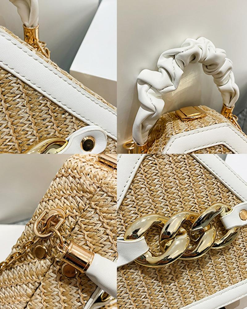 Trendy Chain Decor Top Handle Straw Geometrical Crossbody Bag