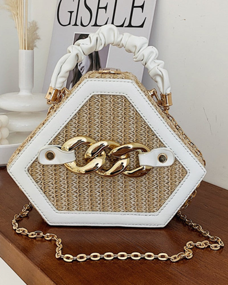 Trendy Chain Decor Top Handle Straw Geometrical Crossbody Bag