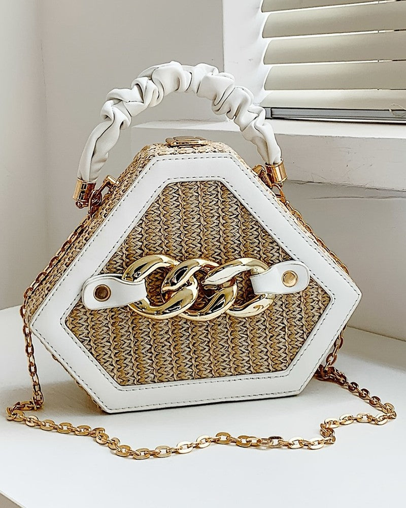 Trendy Chain Decor Top Handle Straw Geometrical Crossbody Bag