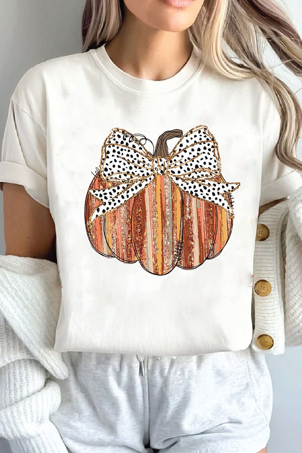 White Thanksgiving Bow Knot Pumpkin Print Round Neck T Shirt