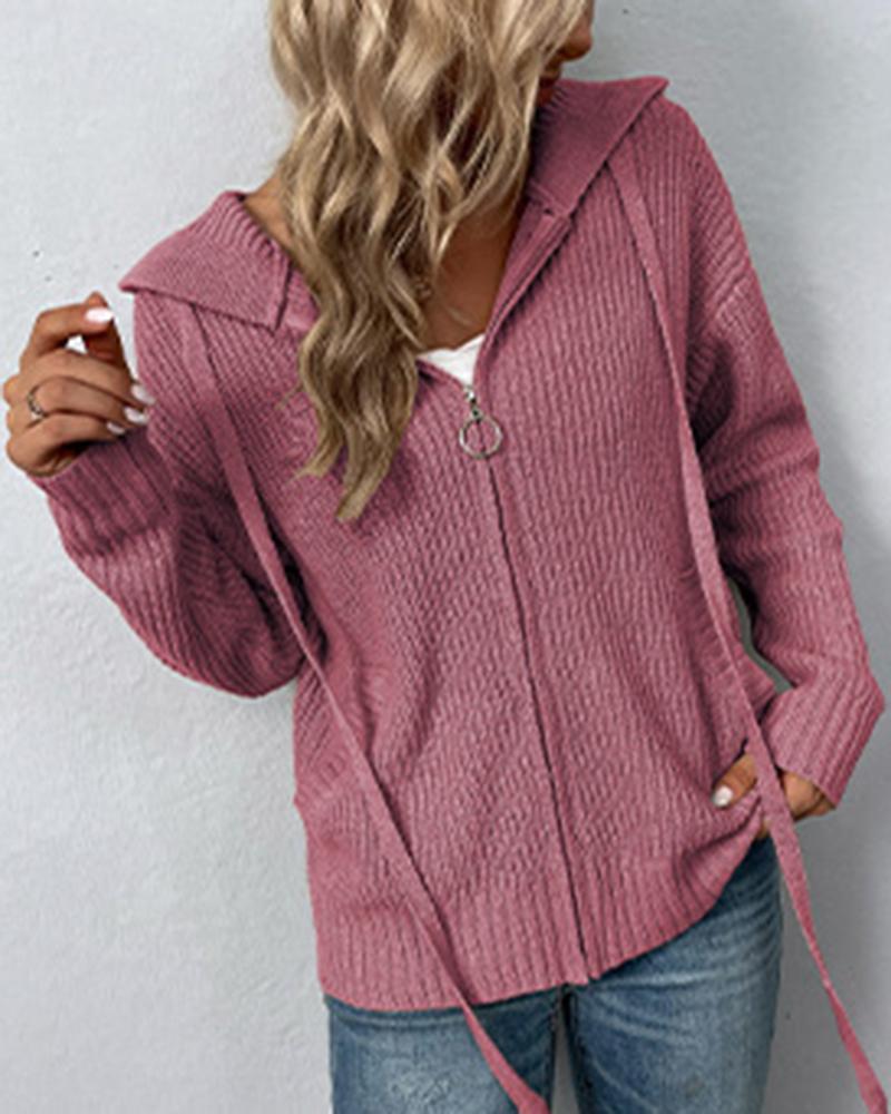 Zipper Pocket Design Hooded Knit Cardigan