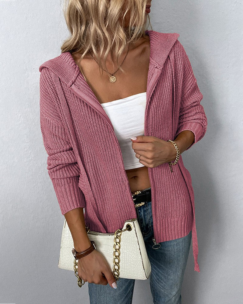 Zipper Pocket Design Hooded Knit Cardigan