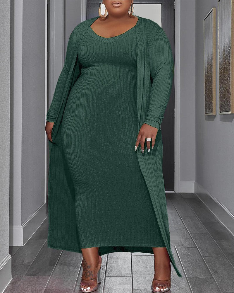 Plus Size Sleeveless Maxi Dress & Open Front Longline Cardigan Set