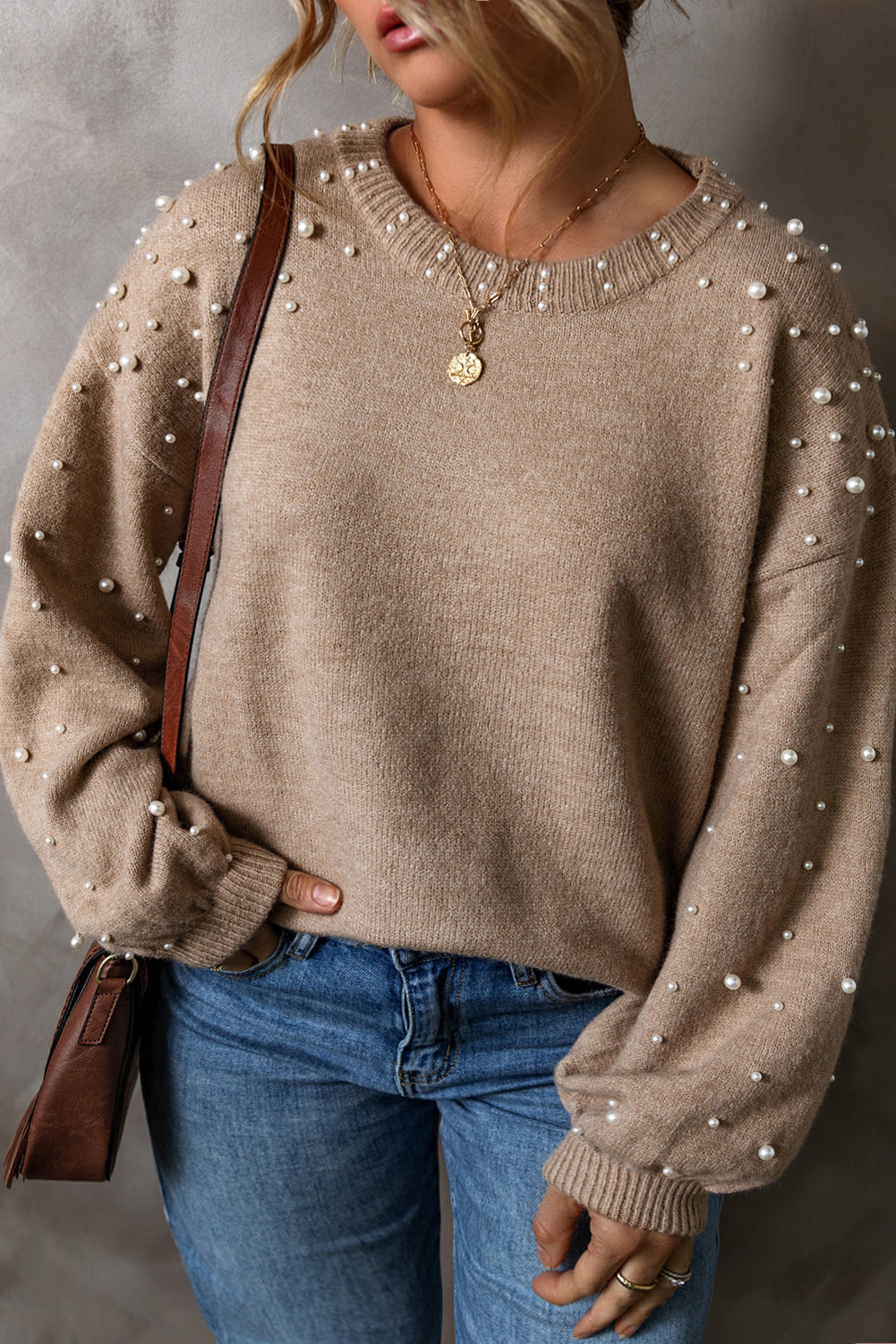 Black Pearled Drop Shoulder Round Neck Sweater